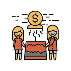 Two cartoon characters engaged in a money-making activity with a money symbol above
