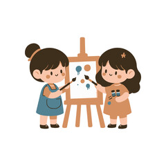 Two children joyfully painting on an easel, surrounded by art supplies in a bright studio