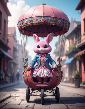 A pink bunny riding in a buggy