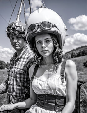 Two people waering large helmets