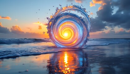 Surreal vortex portal of swirling water and light on a beach at sunset or sunrise