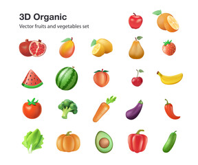Set of fruits and vegetables modern cartoon 3D vector illustration set. Fresh healthy food. Organic natural vegetarian