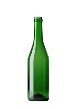deep emerald green, thick-walled, elegant glass bottle, uncapped, tall silhouette, centered in a transparent studio void with a subtle shadow, concept for beverage advertising