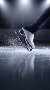 Ice skate blade in close-up contact with rink surface during dynamic skating maneuver under bright spotlight, showcasing precision and grace. Image made using Generative AI.
