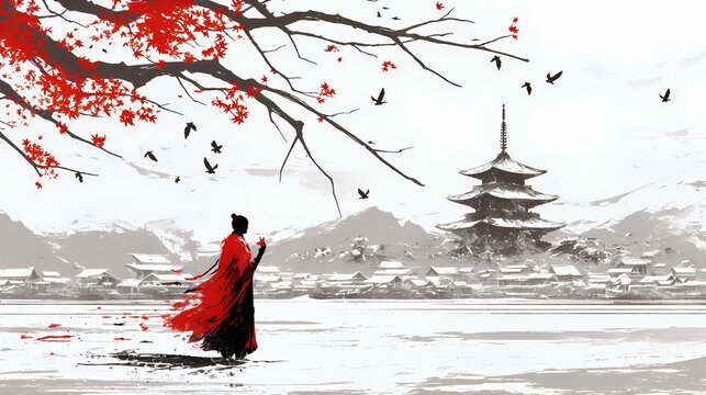 Silent Snowscape: Red Cloaked Figure and Maple Temple Art