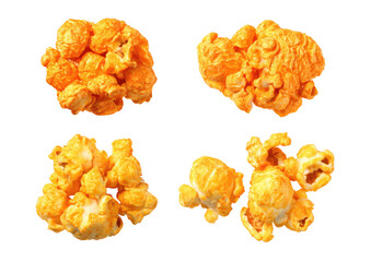 Four close-up views of cheesy popcorn kernels