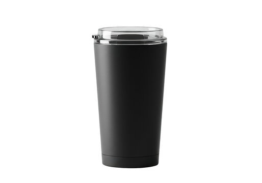 sleek deep matte black reusable coffee travel mug, clear lid, minimal industrial design, presented in high-key luxury commercial studio lighting against white background, concept of conscious