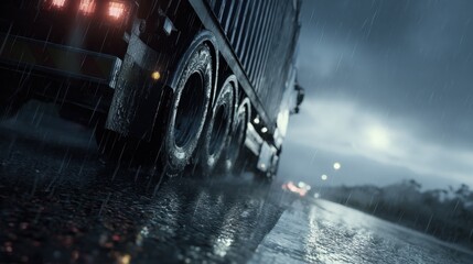 Truck driving on a wet road during rain at night with headlights shining