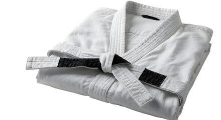 Folded white karate gi with black belt for martial arts and uniform design, isolated on transparent background.