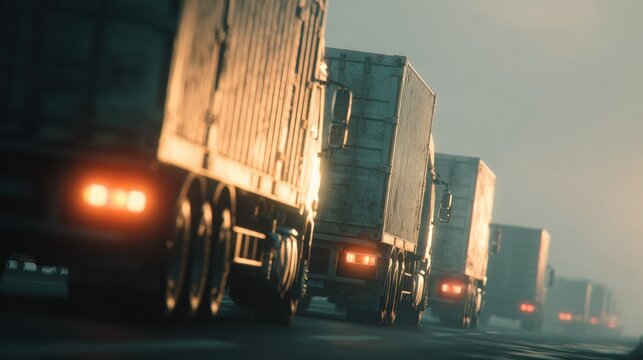 Trucks driving on highway at sunset with sunlight reflecting on their surfaces and a line of vehicles visible ahead