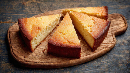 Slices of golden cake, beautifully displayed on a rustic wooden board, capture a moment of simple indulgence and homemade goodness.