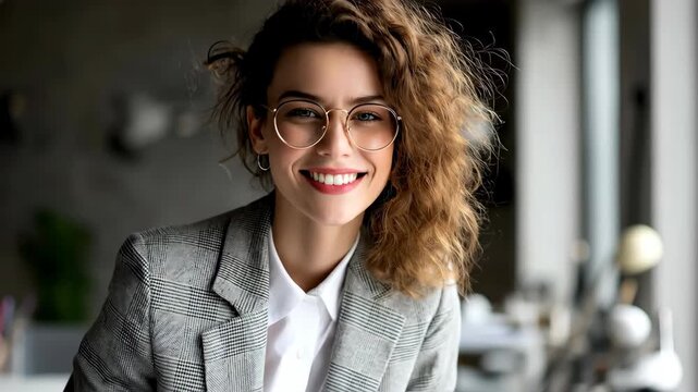 Confident young woman with curly hair and glasses in grey plaid blazer looks at camera while working on documents