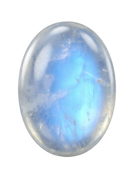 Single oval blue moonstone cabochon on grey background