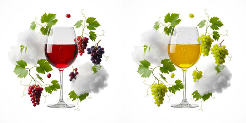 Two elegant wine glasses feature red and white wine, framed by grape clusters, lush leaves, and soft clouds. A vibrant, fresh composition perfect for beverages, dining, celebrations, and lifestyle ima