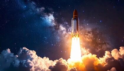 Rocket ascending through star-filled space with bright exhaust trail and cosmic dust background