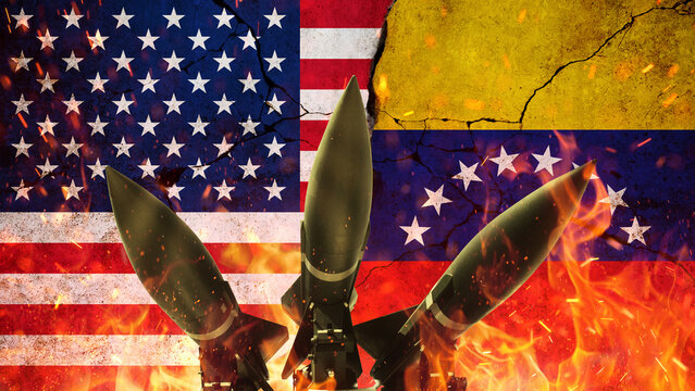 USA and Venezuela Flags Geopolitical Conflict Concept. conceptual series featuring the USA and Venezuela flags on a cracked wall with fire, sparks, and military missiles. intense geopolitical tension