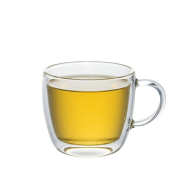 Macro close-up of clear, thin-walled borosilicate glass teacup with luminous pale jade sencha green tea and delicate steam on infinite white studio background. concept for beverage advertising