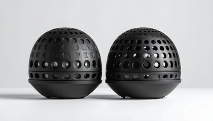 Twin black dome-shaped objects with perforated surfaces in circular and grid patterns on neutral background