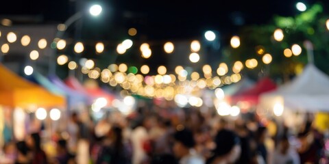 Vibrant night market with blurred lights and crowds