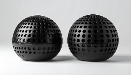 Twin black dome-shaped objects with perforated surfaces in circular and grid patterns on neutral background