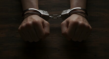Close-up view of a person's hands restrained by metal handcuffs on a dark, textured wooden surface.