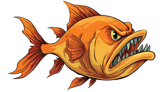 Fierce Angry Piranha Cartoon Vector with Outline Isolated on White Background