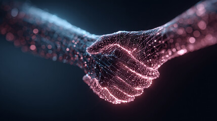 A digital handshake represented by interconnected nodes and lines symbolizes collaboration, technology, and futuristic business practices in a virtual realm.