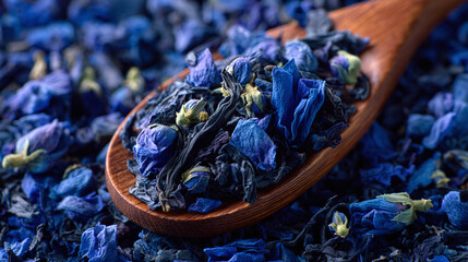 A close-up captures the vibrant blue hues of floral tea leaves, elegantly displayed on a wooden spoon, creating a soothing and natural essence.