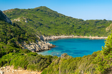 Obraz premium Aerial view of Porto Timoni. One of main attractions Corfu or Kerkyra island. Greece.