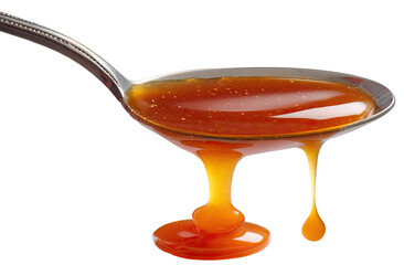 Caramel syrup dripping from a spoon