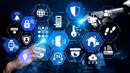 Home security icons show smart home, surveillance, and safety devices. Home security ensures monitoring, home security protection, and smart access. Funnel