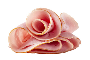 Sliced ham curls, a close-up, showcasing thin, delicate slices arranged in a swirling, rose-like pattern against a black background. 