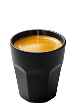 Extreme macro shot of a sleek, geometric matte black ceramic espresso cup, focused on the perfect golden crema, isolated on a brilliant white studio background concept for premium coffee advertising