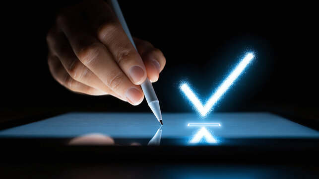 Hand using a stylus on a touch screen to select a digital option, represented by a glowing check mark, in a dark, modern setting.