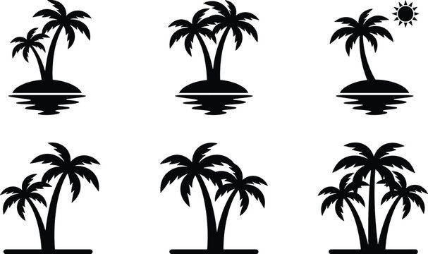 Tropical island silhouettes with palm trees and sun, beach paradise icons, summer vacation design set, flat vector illustration