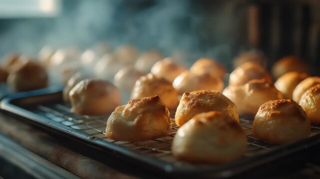 Profiteroles baking in oven. Bakery concept
