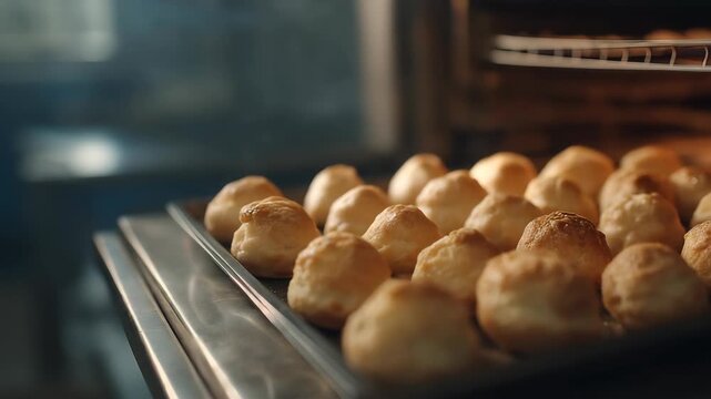 Profiteroles baking in oven. Bakery concept
