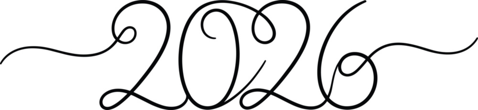 Elegant 2026 script line drawing, decorative flourish typography, celebratory year design, ornate number art, formal style, flat vector illustration