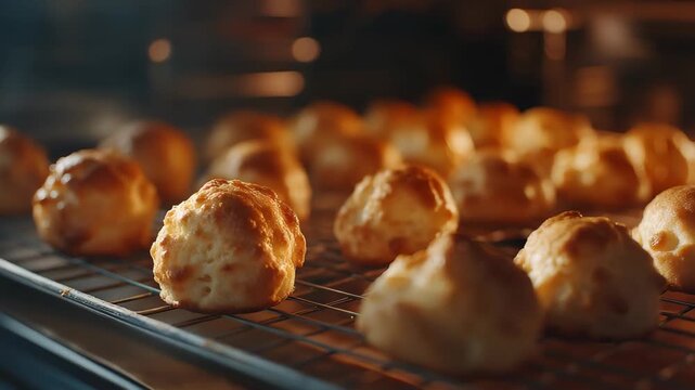 Profiteroles baking in oven. Bakery concept
