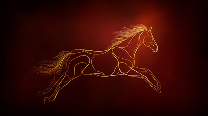 Minimalistic gold line illustration, running horse Chinese New Year, 2026 wall art dark red, textured background elegant design, modern festive artwork , with copy space