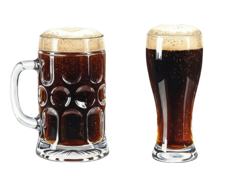 highly detailed watercolor of three chilled glasses (stein, two pilsners) of dark craft porter beer with dense foam heads, isolated on a transparent background. concept for beverage advertising