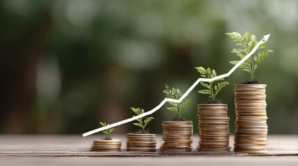 Stacks of coins are shown with small plants growing out of them, visually representing investment growth with an upward trending arrow.