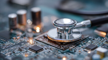 Close-up of a stethoscope resting on a complex circuit board, symbolizing technology repair, system diagnostics, or cybersecurity analysis.