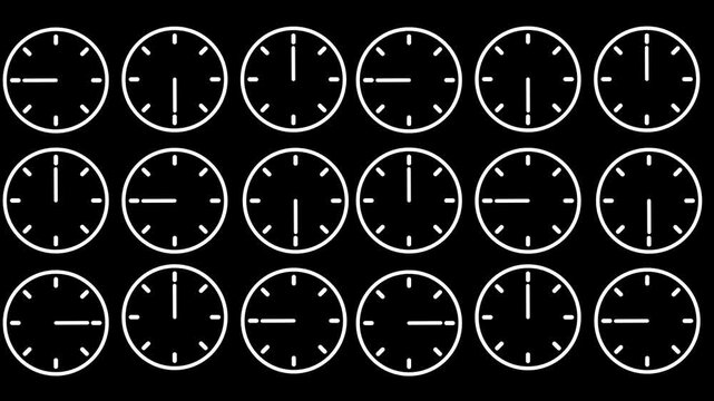 A wide rectangular arrangement of eighteen white analog clocks is positioned in three horizontal rows across the dark upper portion of the canvas
