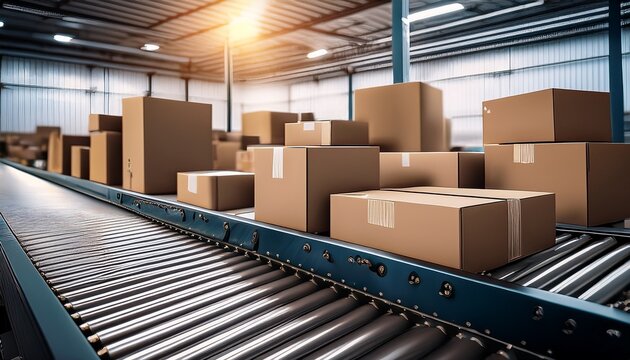cardboard boxes in shipping warehouse cardboard boxes on a conveyor belt closeup image of boxes - Powered by Adobe