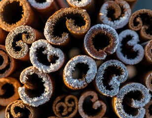 Cluster of Frosted Cinnamon Sticks with Detailed Bark Texture and Warm Spicy Vibes