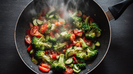 A tantalizing medley of broccoli, tomatoes, and zucchini sizzles in a pan, releasing fragrant steam, a delightful culinary spectacle!