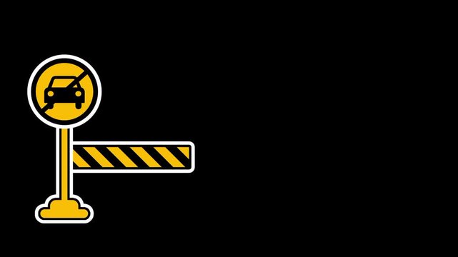 An orange and yellow gate arm stands next to a circular sign with a crossed out car symbol to indicate that no vehicles are allowed to enter here