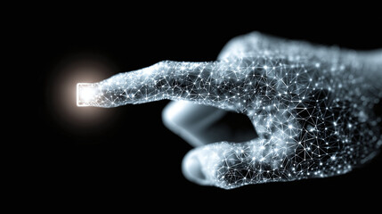 Connected hand pressing luminous button. Representing digital interface, innovative interaction, futuristic technology and user experience.