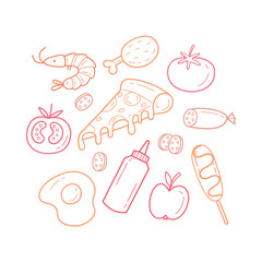 Cute hand drawn food set with pizza shrimp chicken tomato egg apple sausage and sauce in simple doodle style